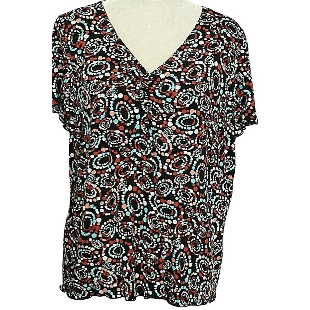 Suzie in the City Womens Blouse Black Print V Neck Gathered‎ Stretch USA
